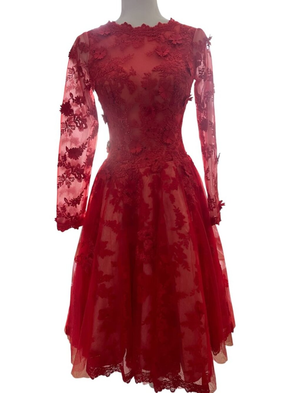 Elegant Red Lace Prom Dress A Line Knee Length Appliques Size Small - Picture 6 of 16